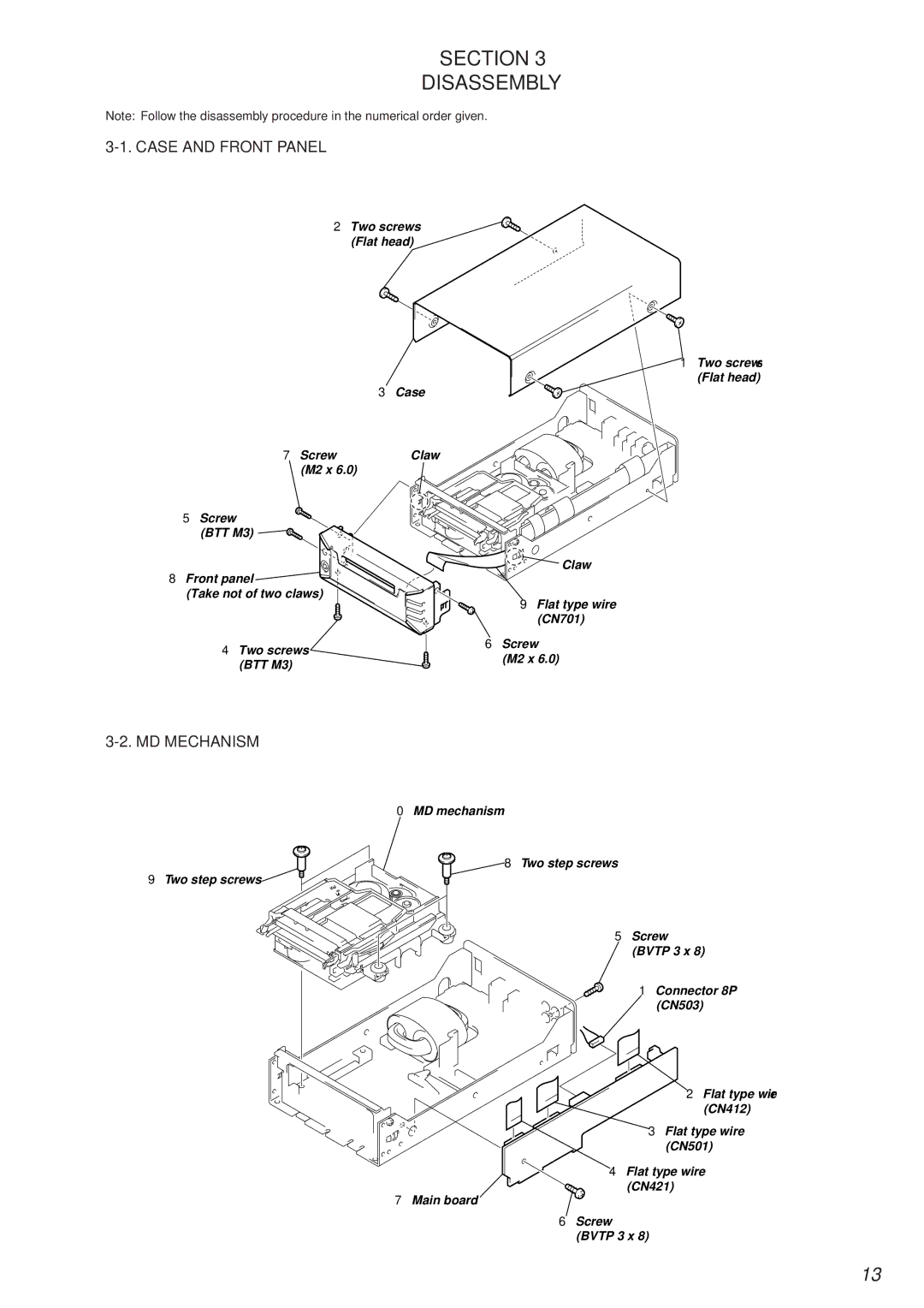 Sony MDS-PC2 service manual Section Disassembly, Case and Front Panel, MD Mechanism 