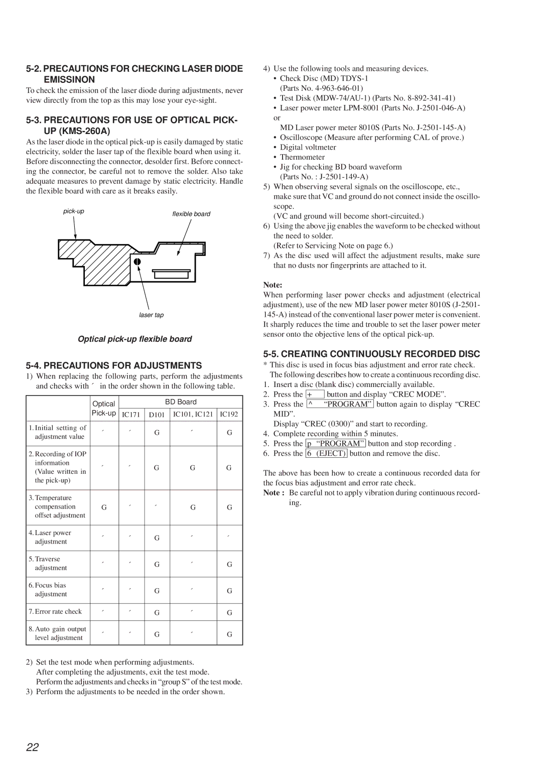 Sony MDS-PC2 Precautions for Checking Laser Diode Emissinon, Precautions for USE of Optical PICK- UP KMS-260A 