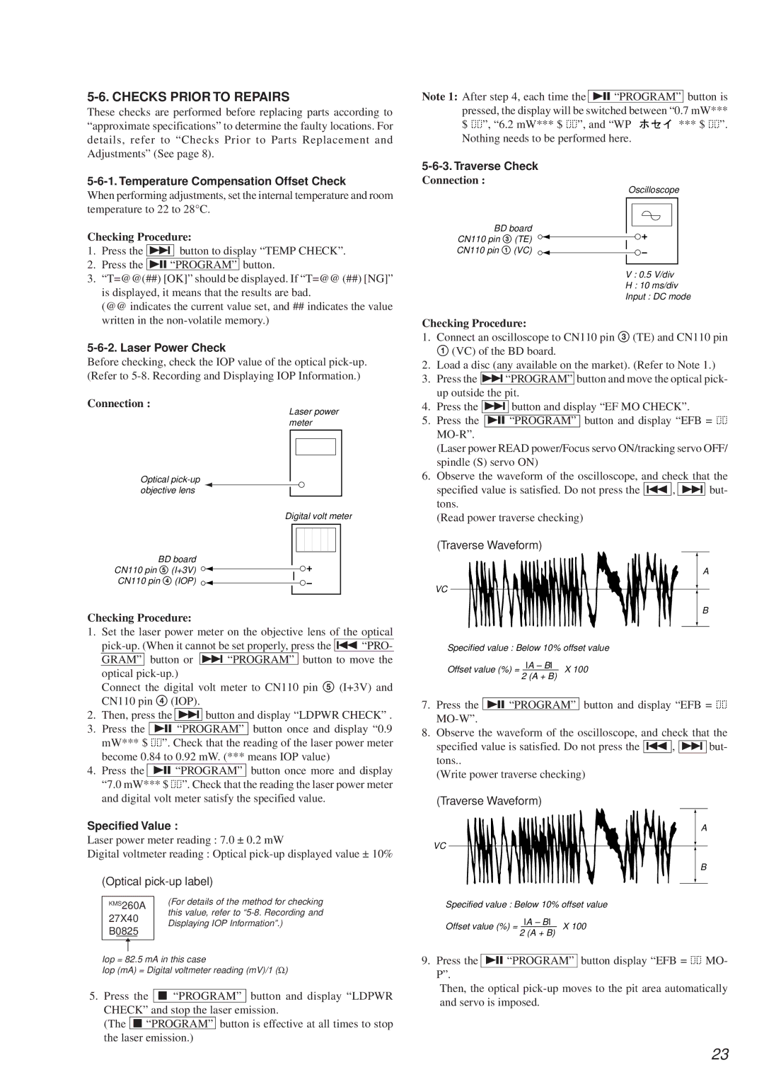 Sony MDS-PC2 Checks Prior to Repairs, Temperature Compensation Offset Check, Laser Power Check, Specified Value 