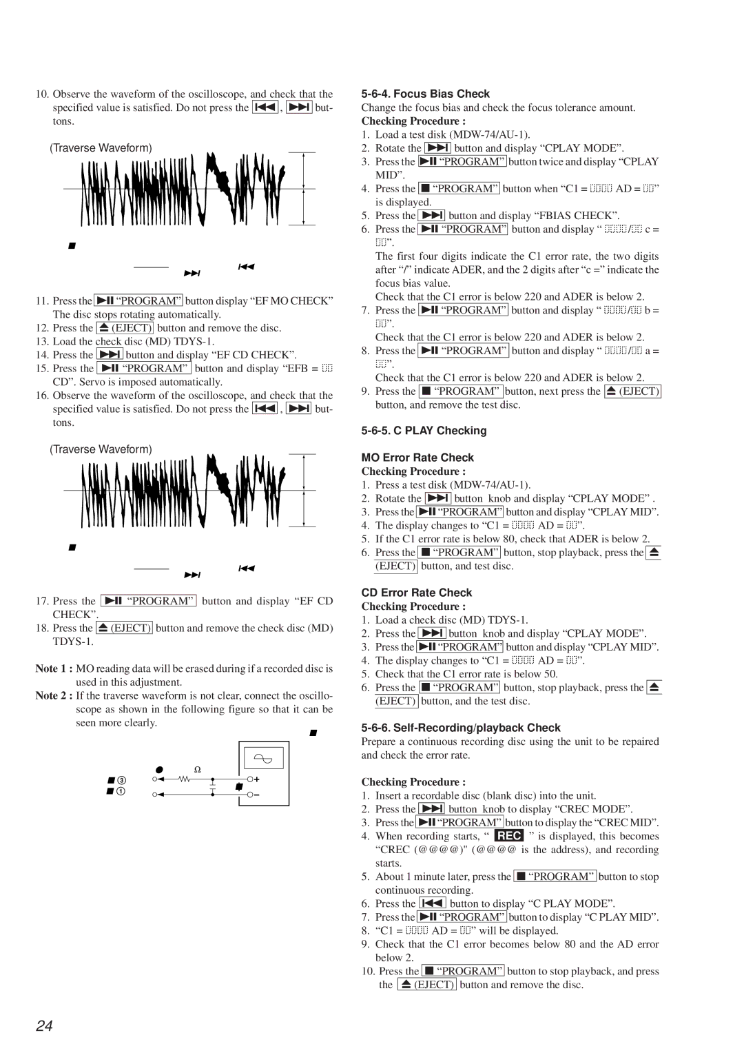 Sony MDS-PC2 service manual Focus Bias Check, Eject, Play Checking MO Error Rate Check, CD Error Rate Check 