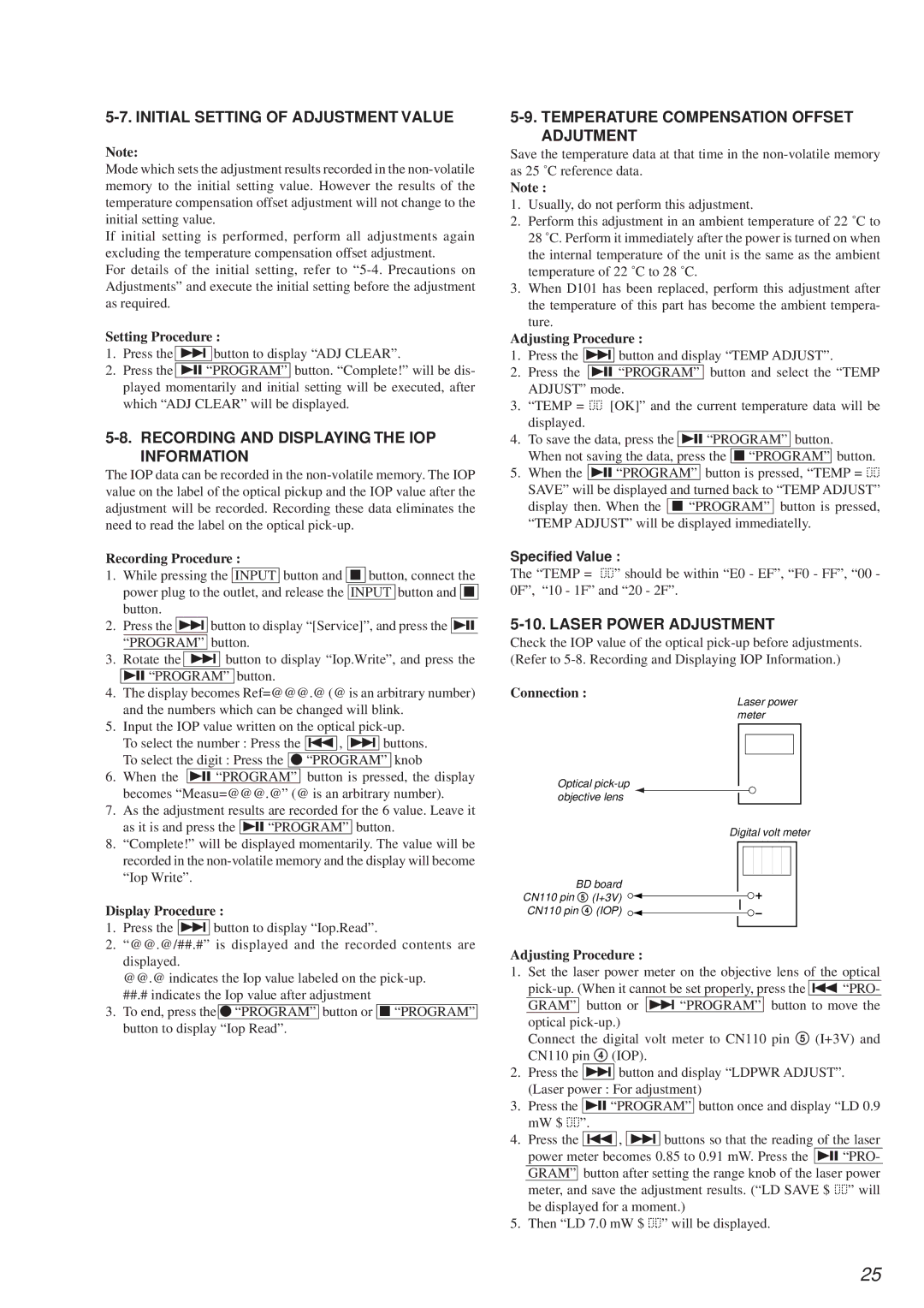 Sony MDS-PC2 Initial Setting of Adjustment Value, Recording and Displaying the IOP Information, Laser Power Adjustment 