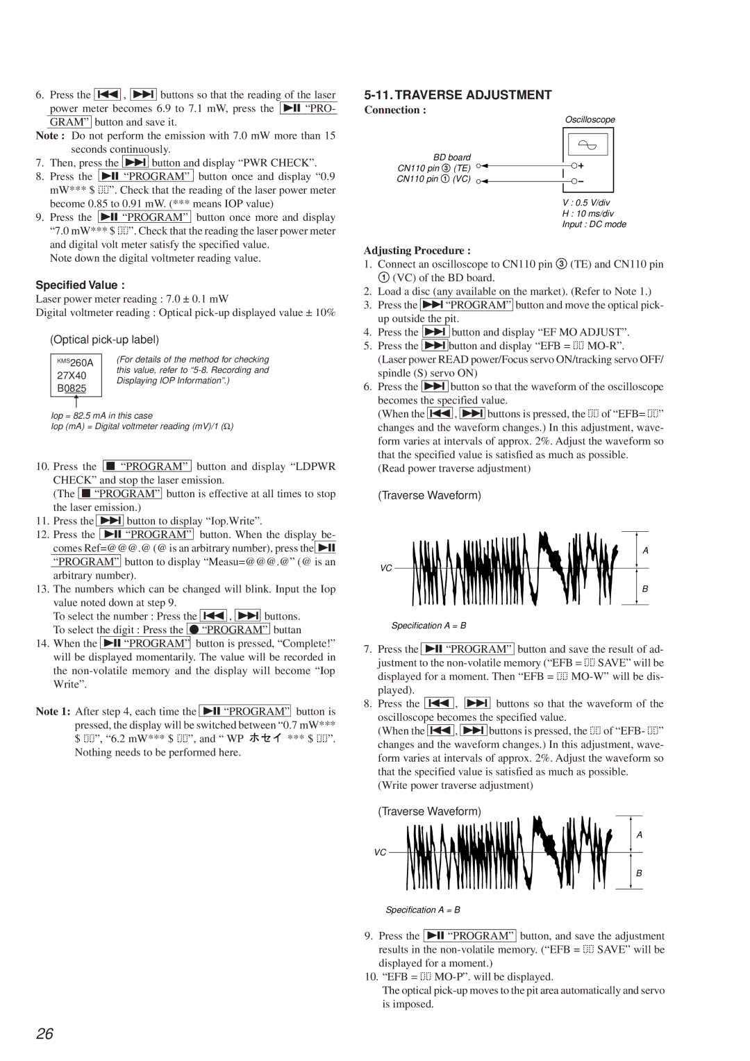 Sony MDS-PC2 service manual Traverse Adjustment, Optical pick-up label 