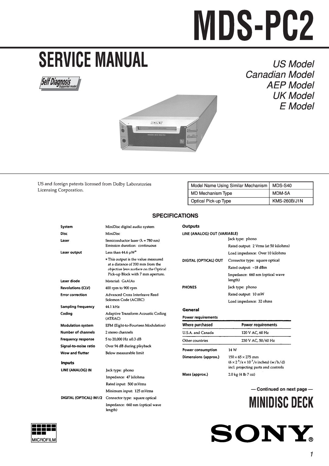 Sony MDS-PC2 service manual Specifications, Minidisc Deck, US Model Canadian Model AEP Model UK Model, E Model 