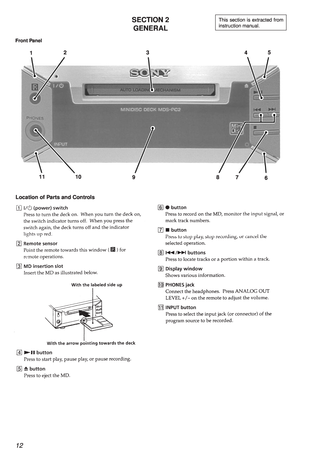 Sony MDS-PC2 service manual Section General, Location of Parts and Controls 