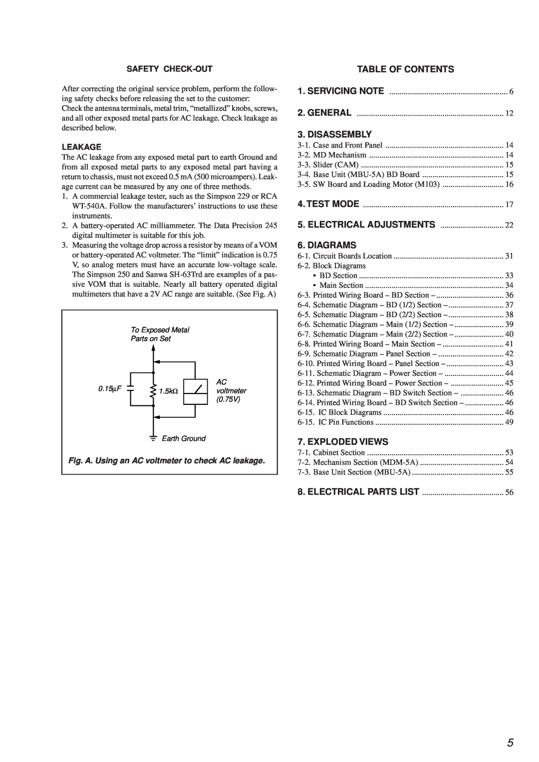 Sony MDS-PC2 service manual Table Of Contents, Disassembly, Diagrams, Exploded Views, Safety Check-Out, Leakage 