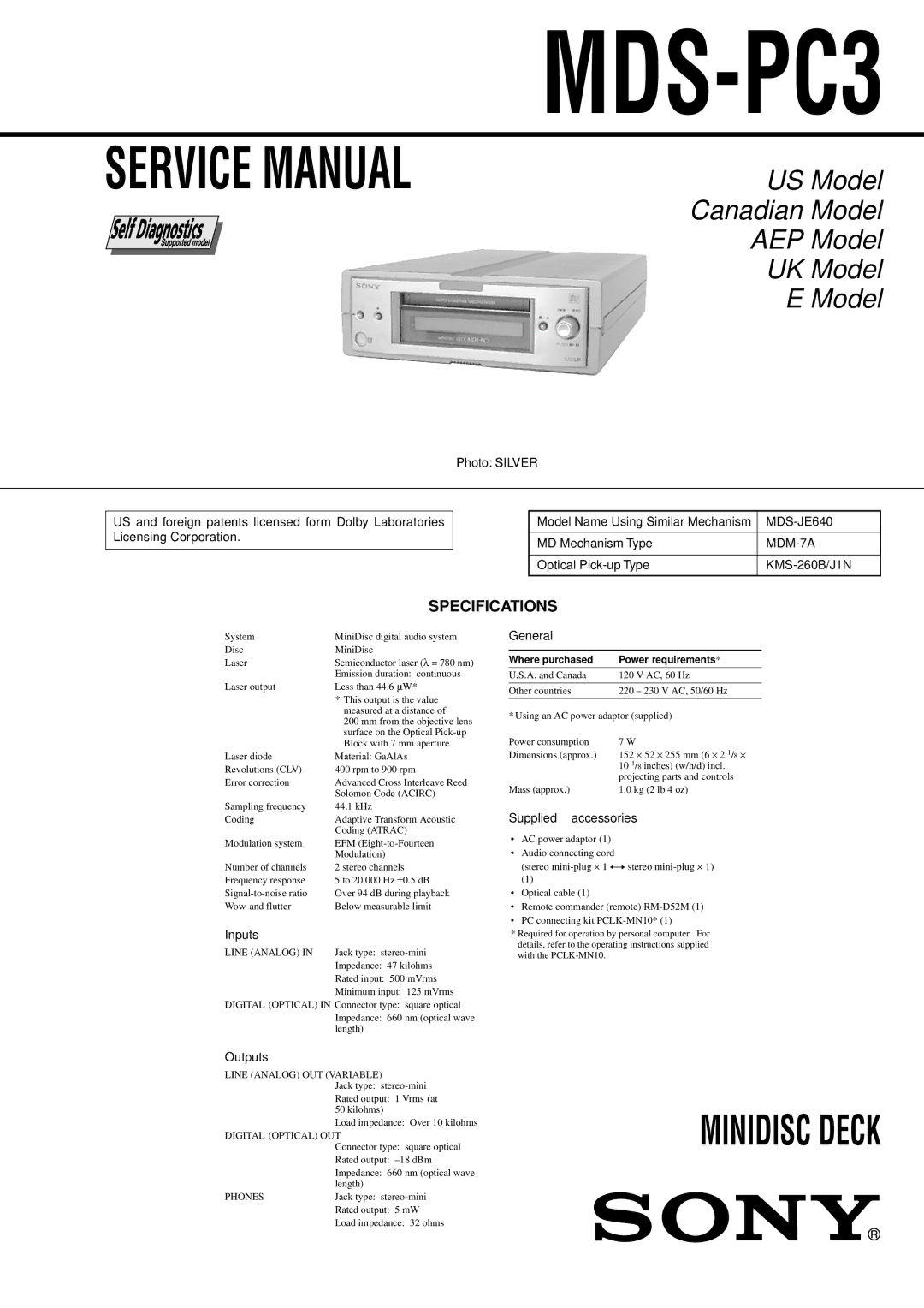 Sony MDS-PC3 specifications Specifications 