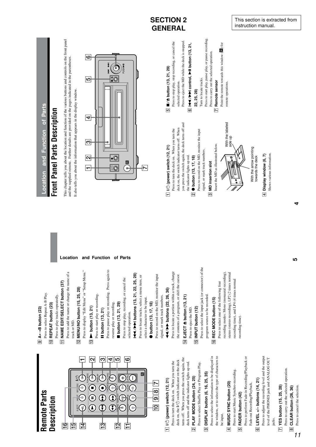 Sony MDS-PC3 specifications Remote Parts Description, General Section 