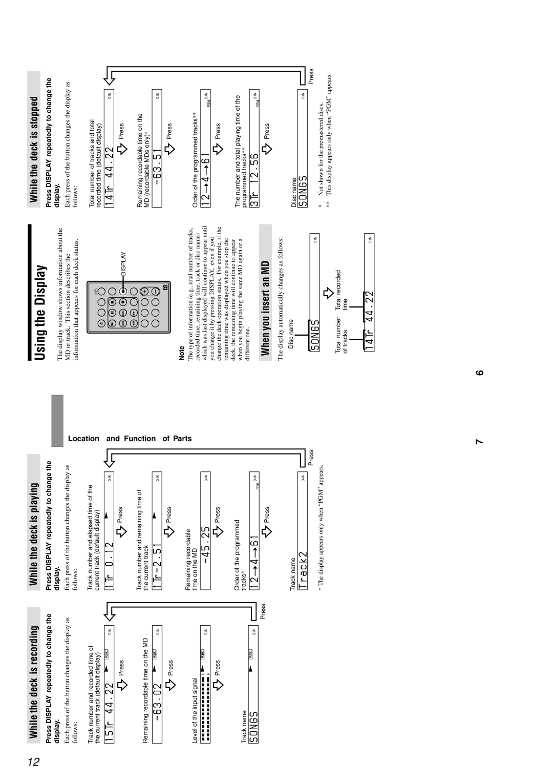 Sony MDS-PC3 specifications Using the Display 