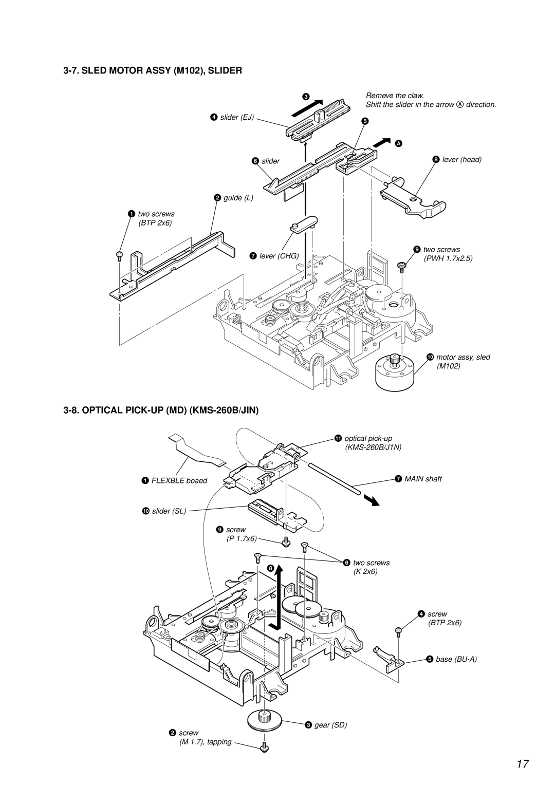 Sony MDS-PC3 specifications Sled Motor Assy M102, Slider, Optical PICK-UP MD KMS-260B/JIN 
