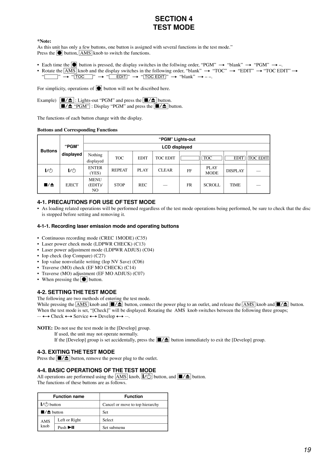 Sony MDS-PC3 Section Test Mode, Precautions for USE of Test Mode, Setting the Test Mode, Exiting the Test Mode 