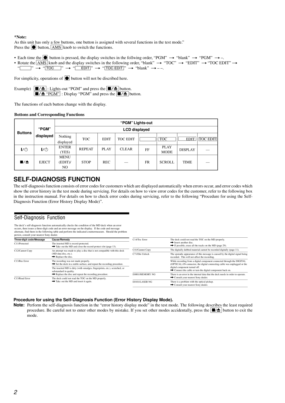 Sony MDS-PC3 specifications SELF-DIAGNOSIS Function, TOC t Edit t TOC Edit t blank t 