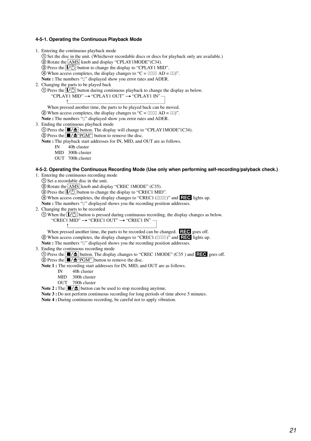 Sony MDS-PC3 specifications Operating the Continuous Playback Mode 