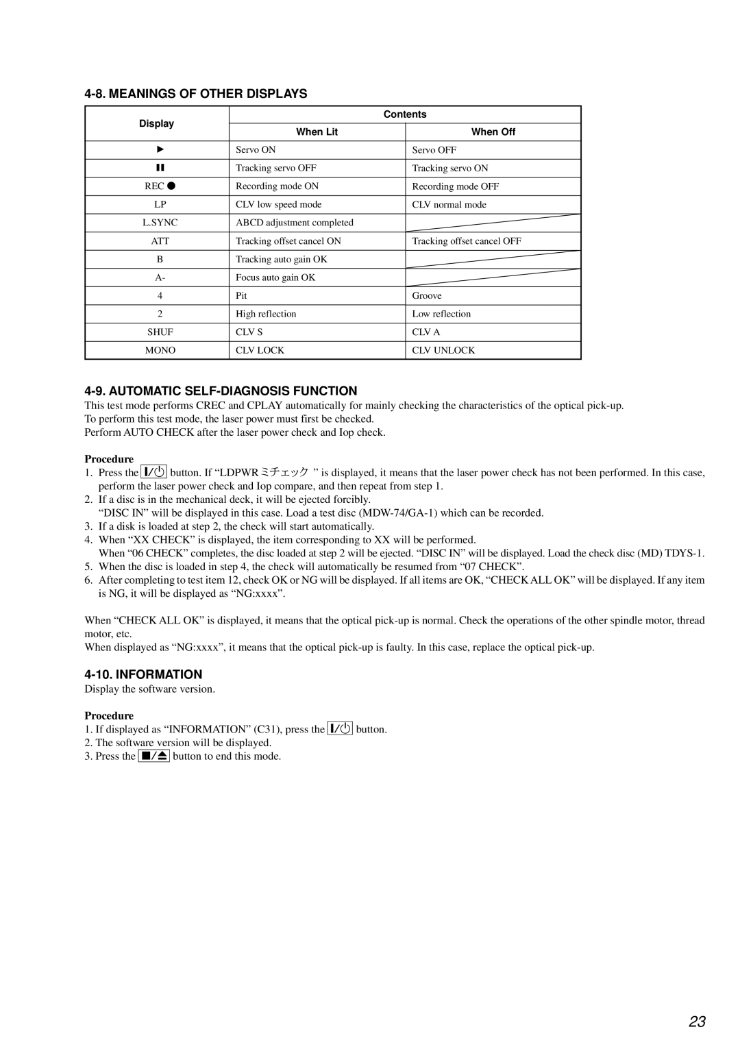 Sony MDS-PC3 specifications Meanings of Other Displays, Automatic SELF-DIAGNOSIS Function, Information 