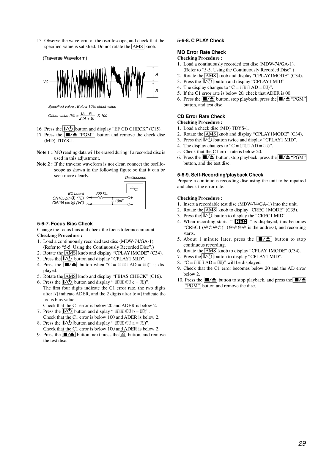 Sony MDS-PC3 specifications Play Check MO Error Rate Check, CD Error Rate Check 