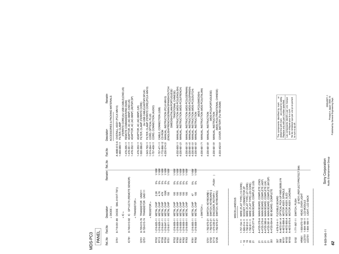 Sony specifications MDS-PC3 Panel, Key Reflect/Protect Sw 