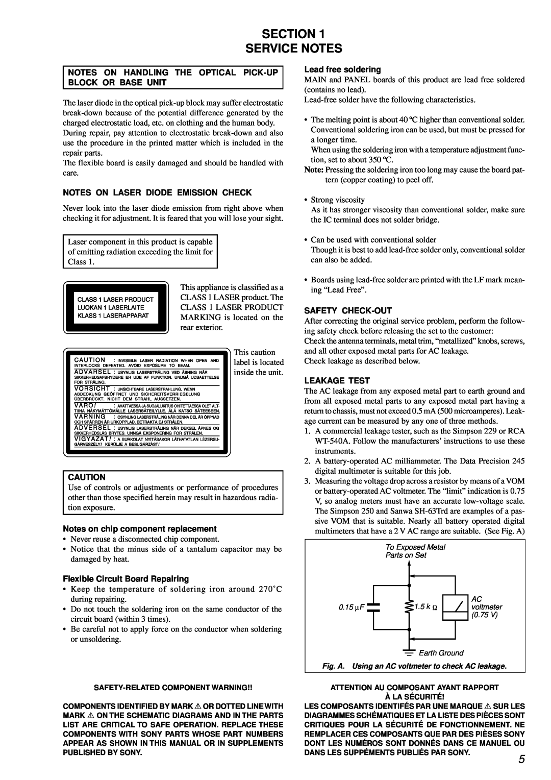 Sony MDS-PC3 Section Service Notes, Notes On Laser Diode Emission Check, Notes on chip component replacement, Leakage Test 