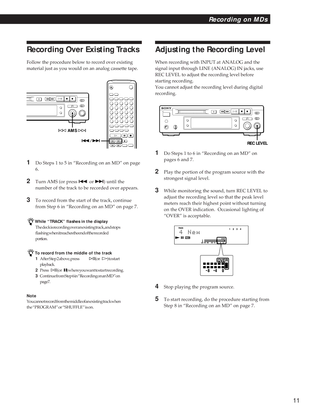 Sony MDS-S37 Recording Over Existing Tracks, Adjusting the Recording Level, While Track flashes in the display 