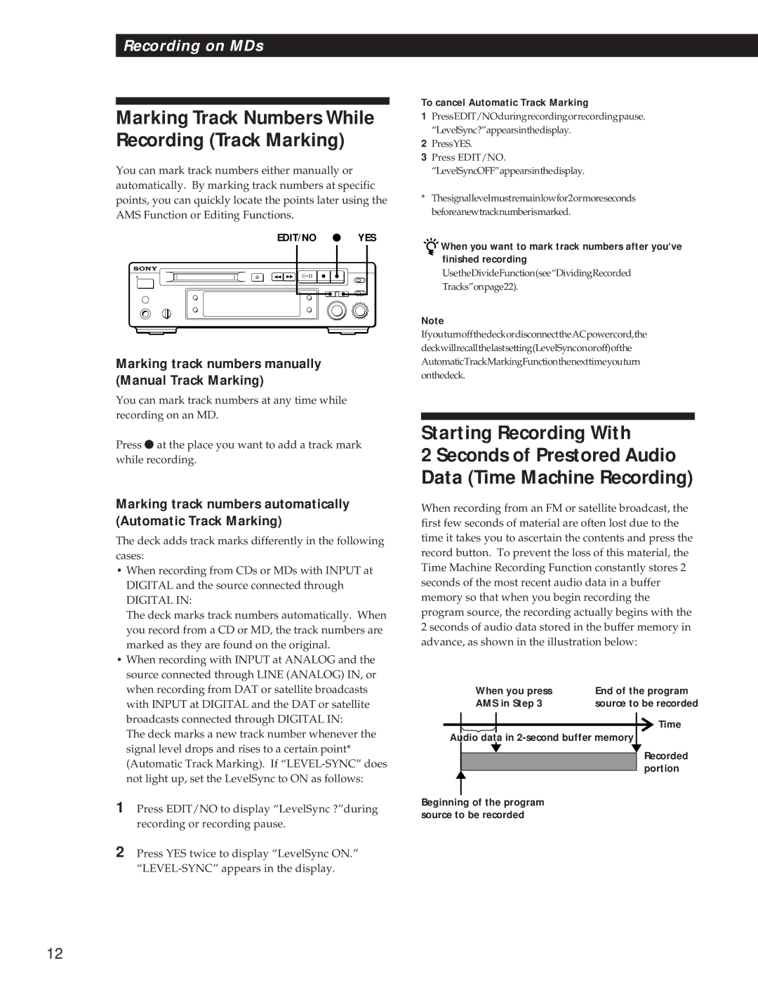 Sony MDS-S37 operating instructions Marking Track Numbers While Recording Track Marking, To cancel Automatic Track Marking 