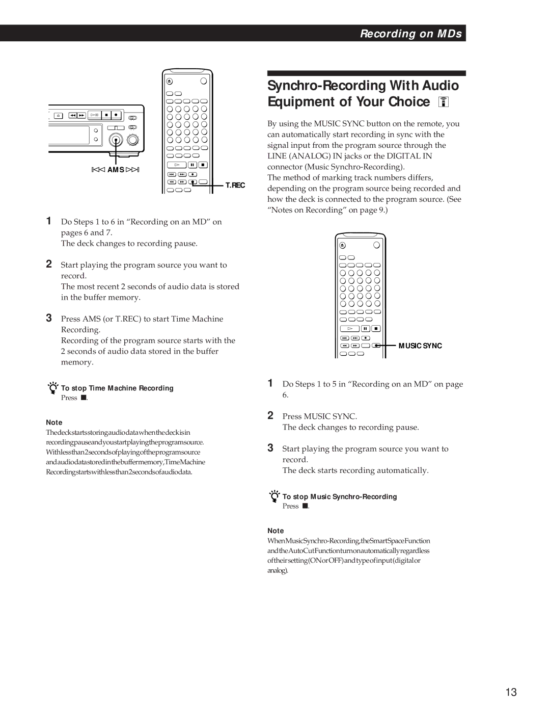 Sony MDS-S37 operating instructions To stop Time Machine Recording, To stop Music Synchro-Recording 