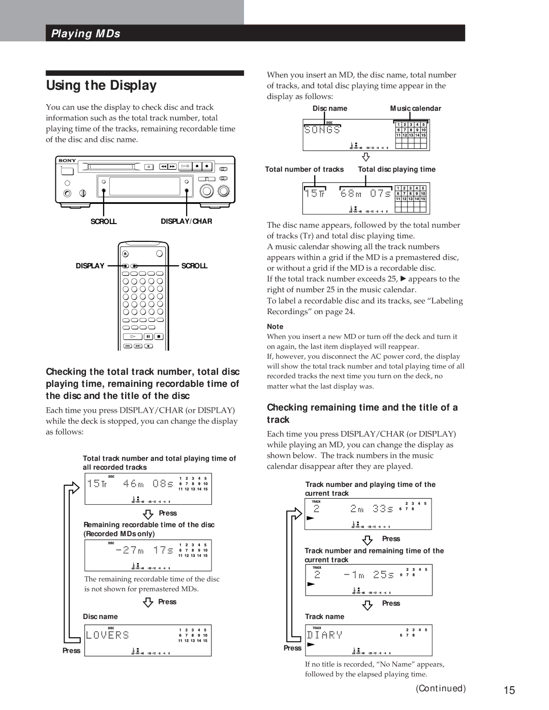 Sony MDS-S37 operating instructions Using the Display, Checking remaining time and the title of a track 