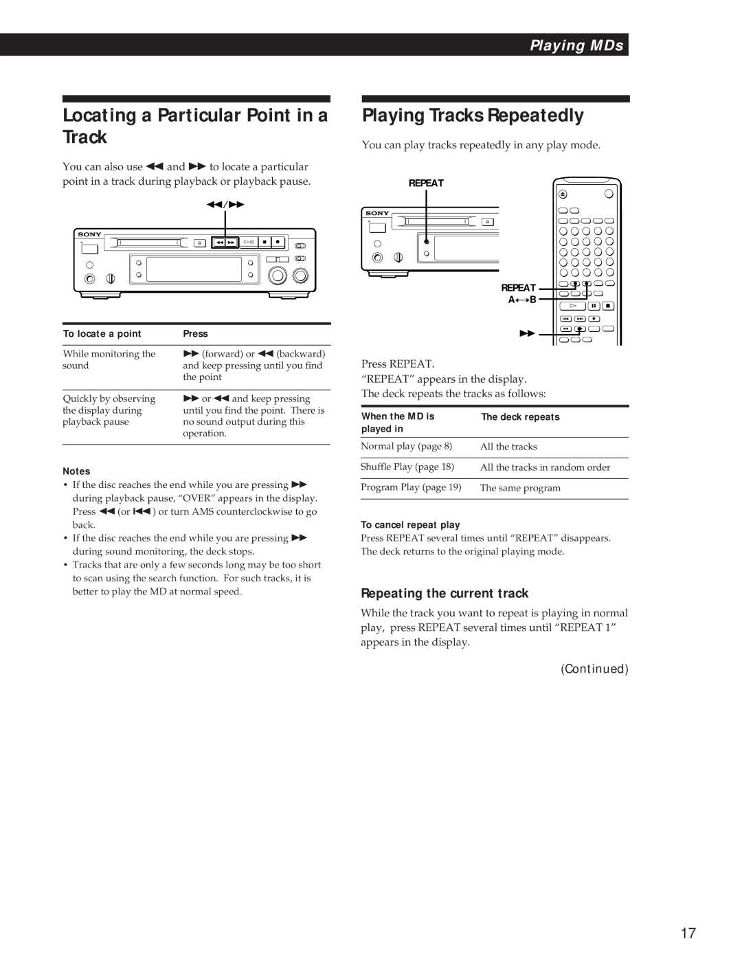 Sony MDS-S37 Locating a Particular Point in a Track, Playing Tracks Repeatedly, Repeating the current track 