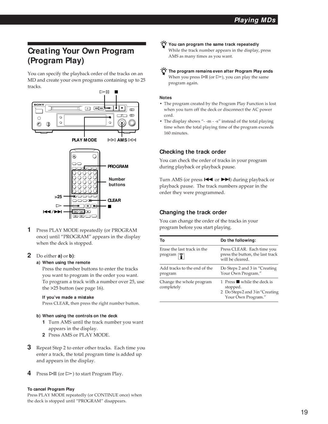 Sony MDS-S37 Creating Your Own Program Program Play, Checking the track order, Changing the track order 