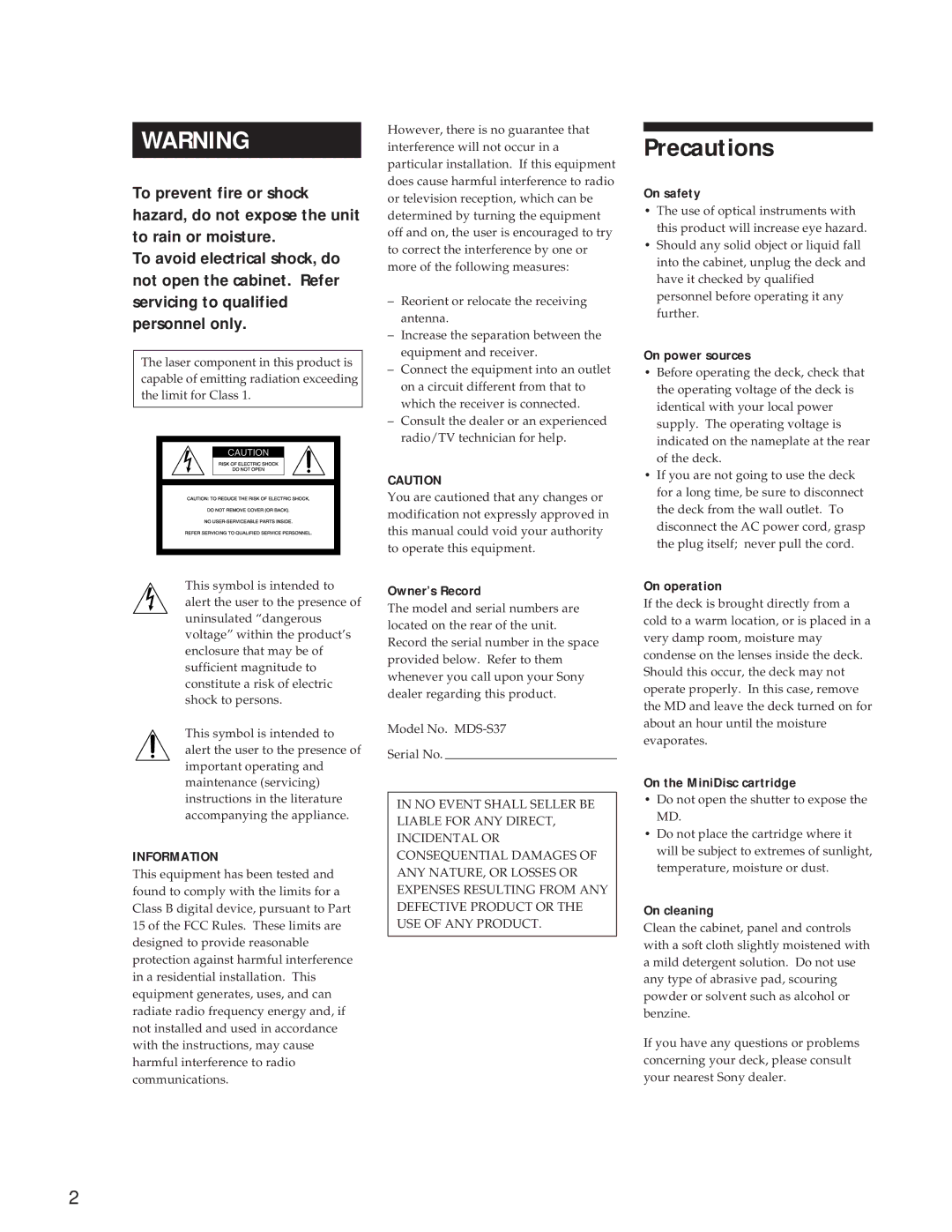 Sony MDS-S37 operating instructions Precautions 