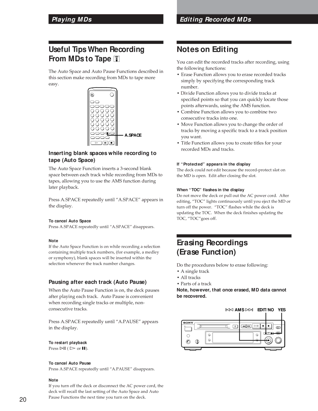 Sony MDS-S37 Erasing Recordings Erase Function, Inserting blank spaces while recording to tape Auto Space 