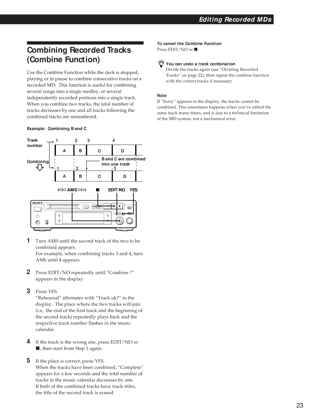 Sony MDS-S37 operating instructions To cancel the Combine Function, You can undo a track combination 