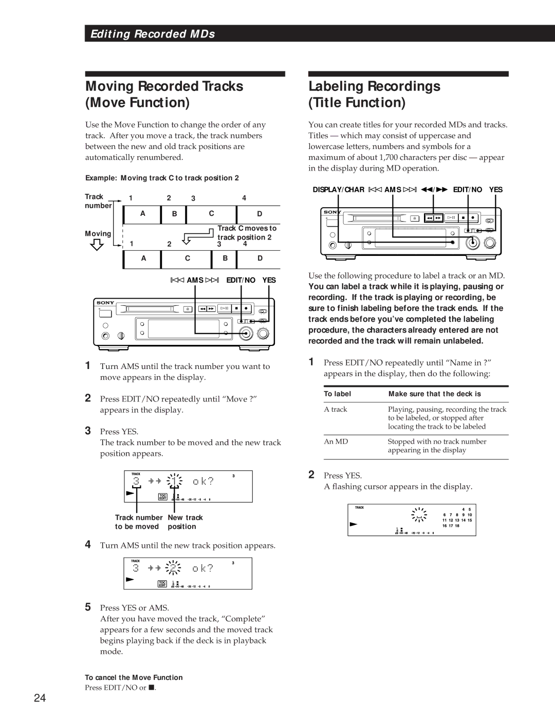 Sony MDS-S37 Labeling Recordings Title Function, To label Make sure that the deck is, To cancel the Move Function 