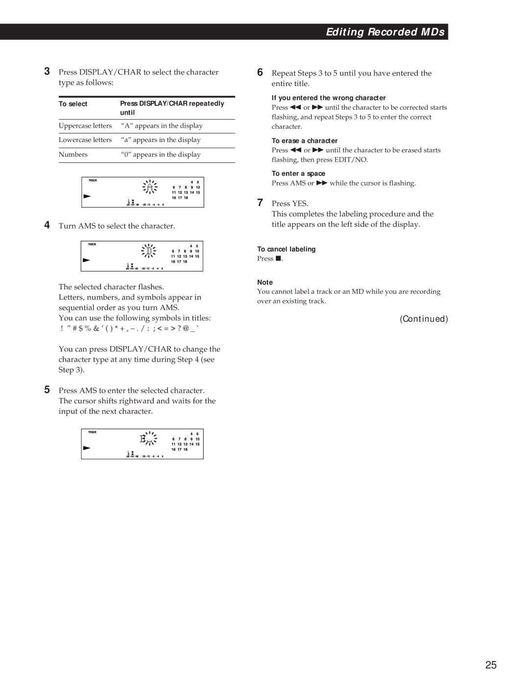 Sony MDS-S37 To select, Until, If you entered the wrong character, To erase a character, To enter a space 