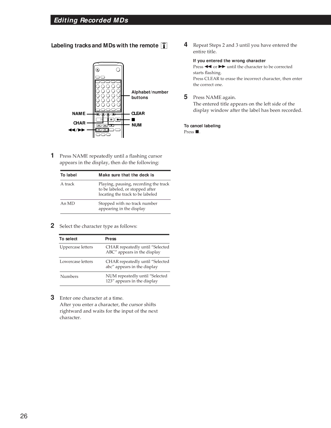 Sony MDS-S37 operating instructions Labeling tracks and MDs with the remote, To select Press 