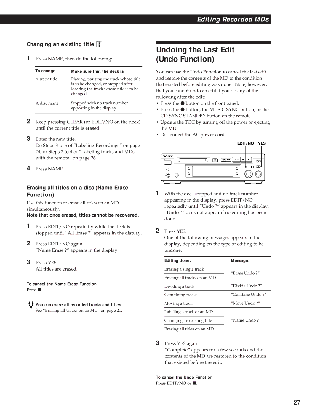 Sony MDS-S37 operating instructions Undoing the Last Edit Undo Function, Changing an existing title Z 