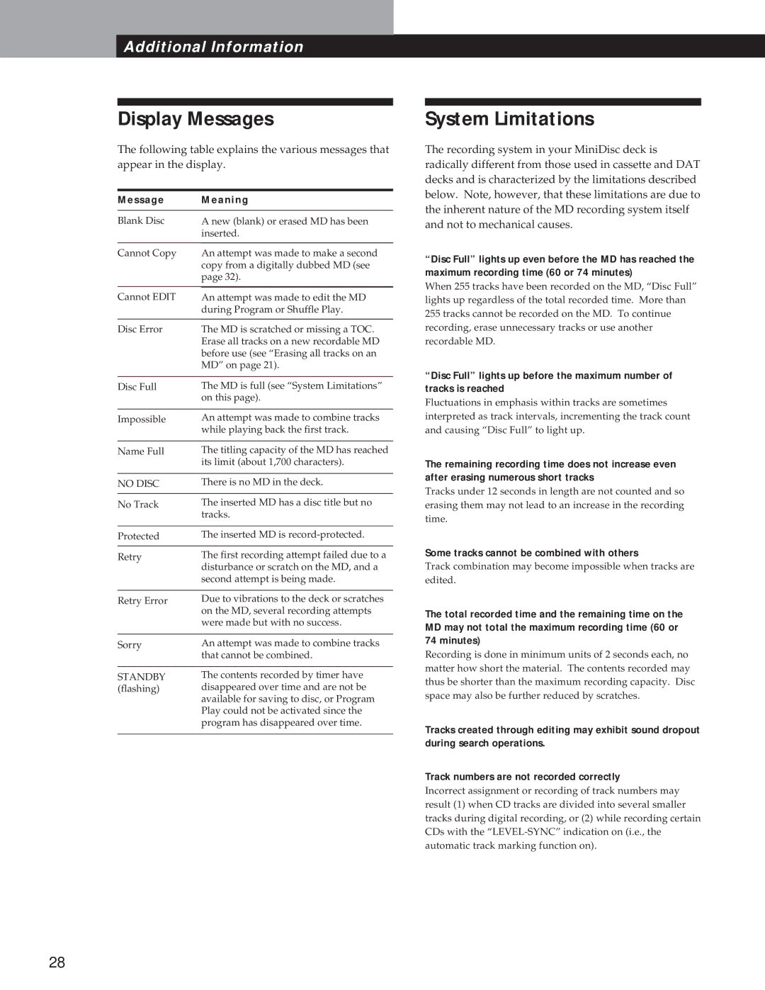 Sony MDS-S37 Display Messages, System Limitations, Message Meaning, Some tracks cannot be combined with others 