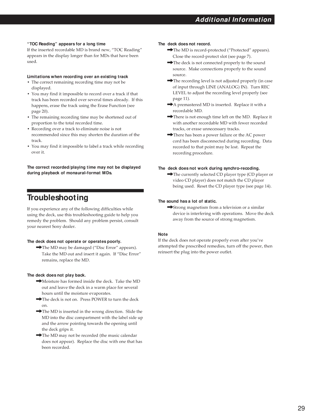 Sony MDS-S37 operating instructions Troubleshooting 