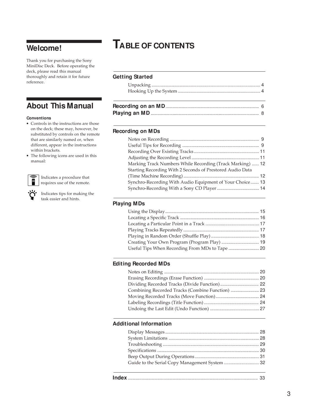 Sony MDS-S37 operating instructions Welcome, About This Manual 