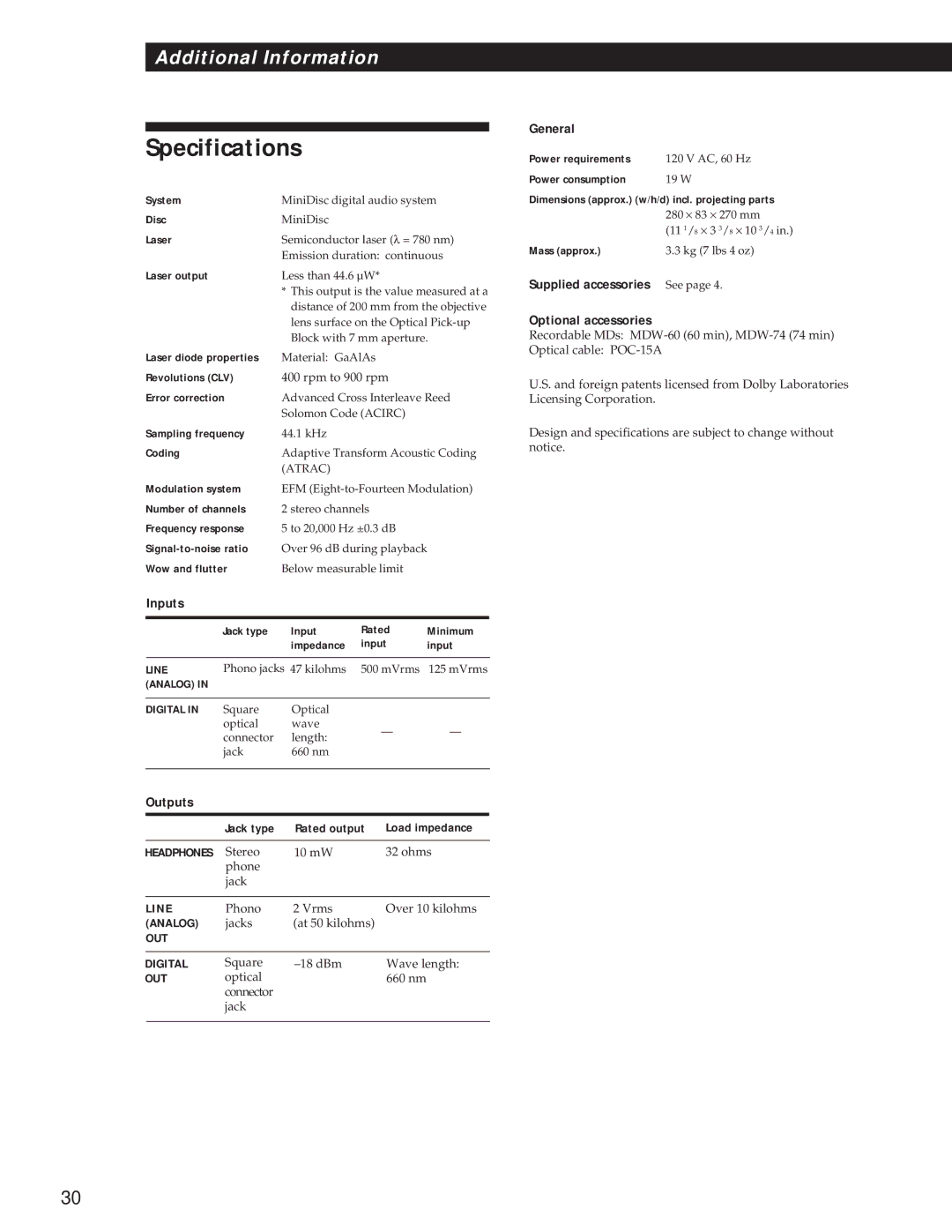 Sony MDS-S37 operating instructions Specifications, Inputs, Outputs, General, Optional accessories 