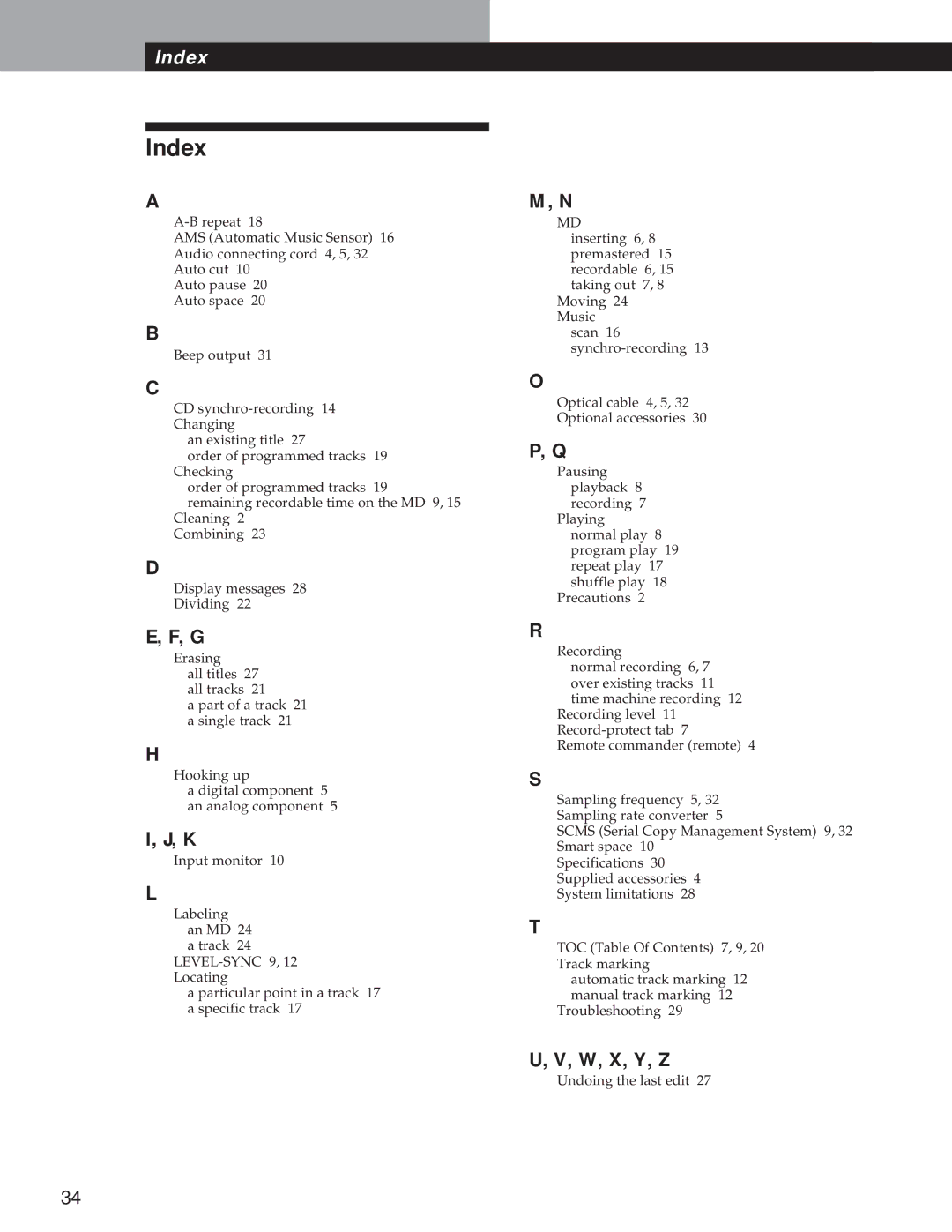 Sony MDS-S37 operating instructions Index, W, X, Y, Z 