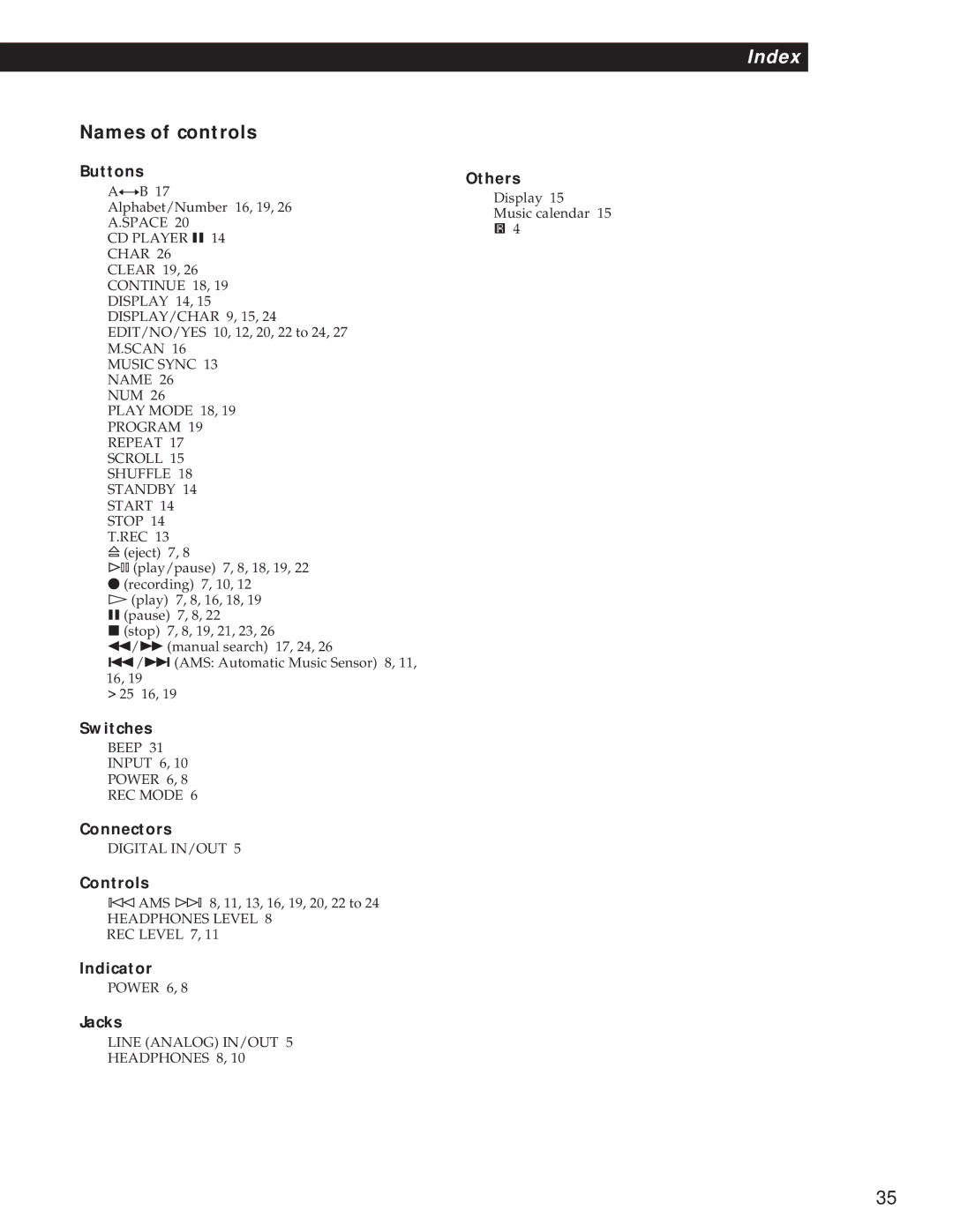 Sony MDS-S37 operating instructions Additional InformationIndex, Names of controls 