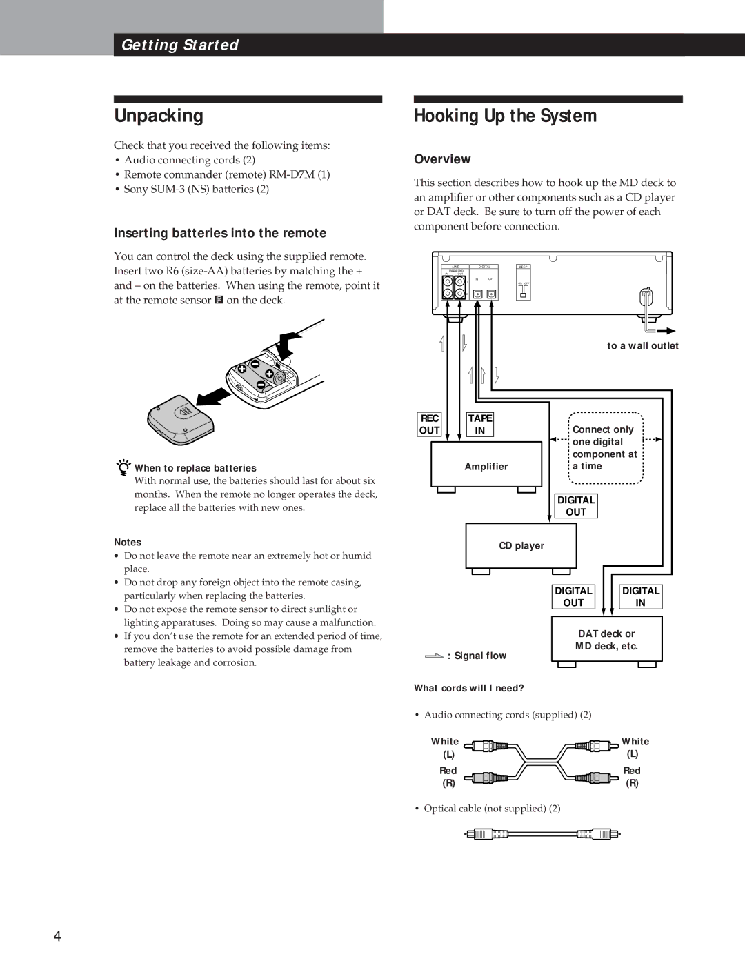 Sony MDS-S37 operating instructions Unpacking, Hooking Up the System, Inserting batteries into the remote, Overview 