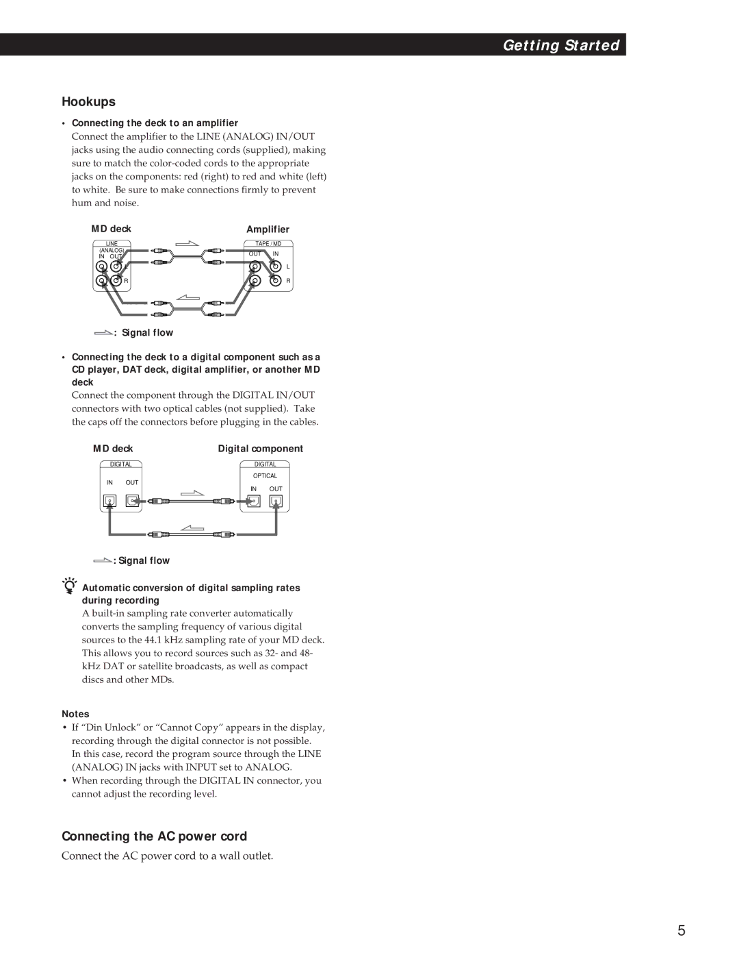 Sony MDS-S37 operating instructions Hookups, Connecting the AC power cord, Connecting the deck to an amplifier 