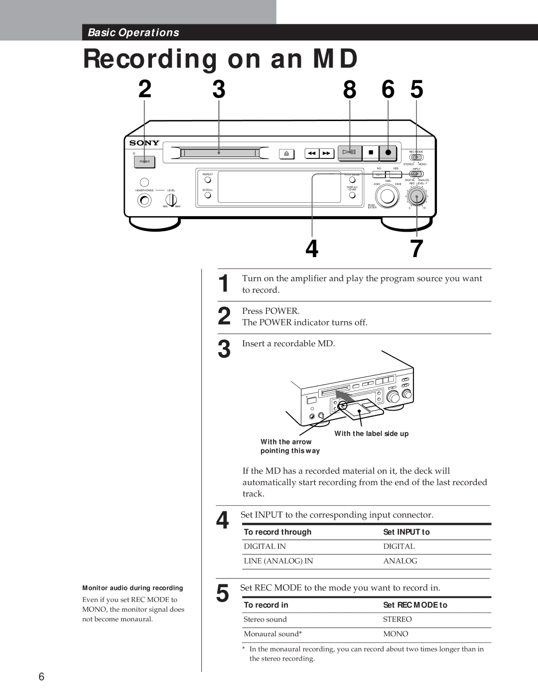 Sony MDS-S37 operating instructions To record through Set Input to, To record Set REC Mode to 