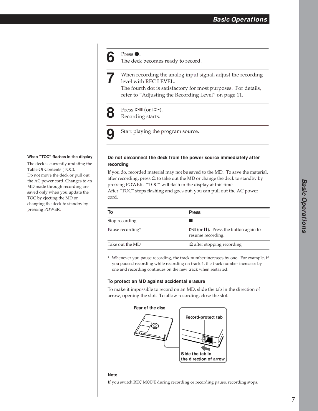 Sony MDS-S37 operating instructions Press, When TOC flashes in the display 