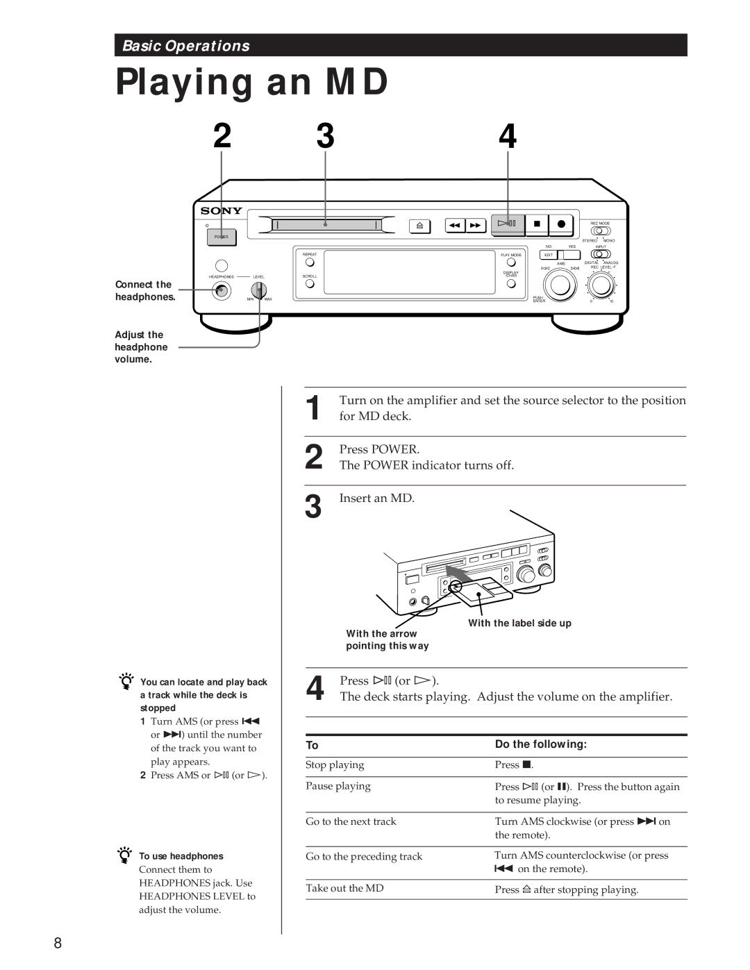 Sony MDS-S37 operating instructions Playing an MD, Do the following 