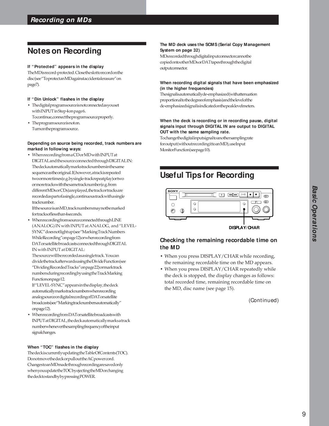 Sony MDS-S37 operating instructions Useful Tips for Recording, Checking the remaining recordable time on the MD 