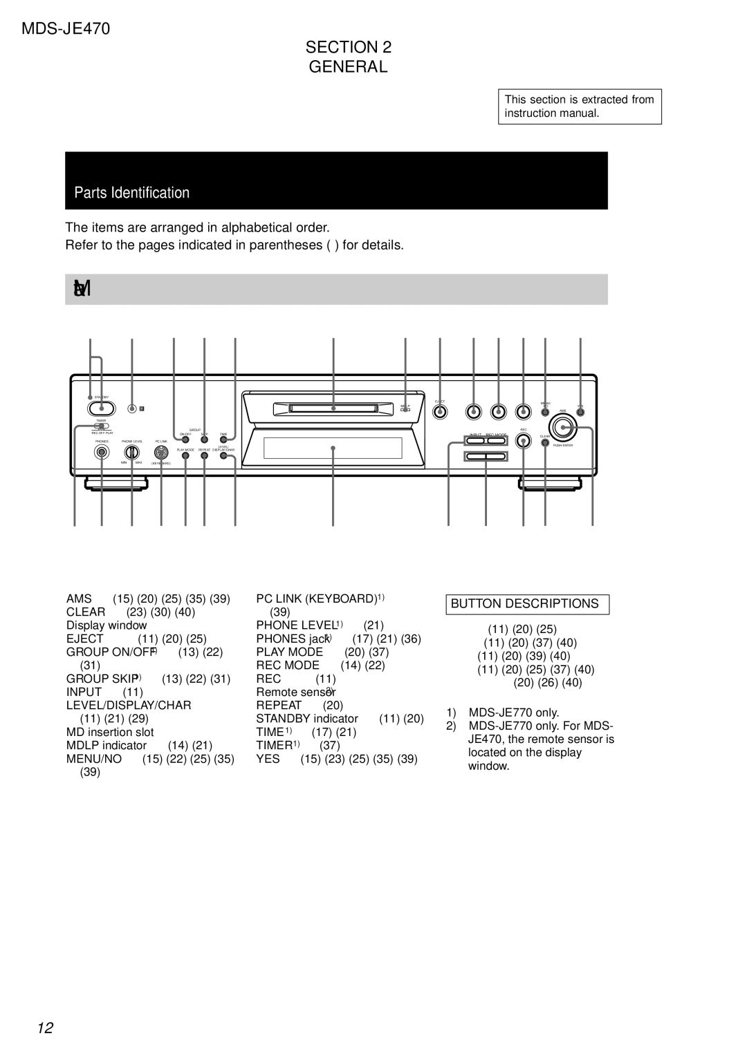 Sony MDS-S50 specifications MDS-JE470 Section General, Button Descriptions 