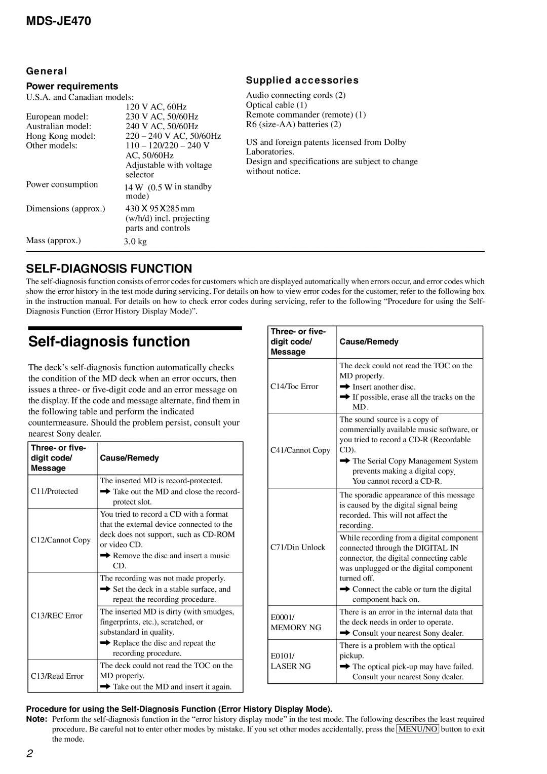 Sony MDS-S50 specifications MDS-JE470, SELF-DIAGNOSIS Function, Three- or five Digit code Cause/Remedy Message 