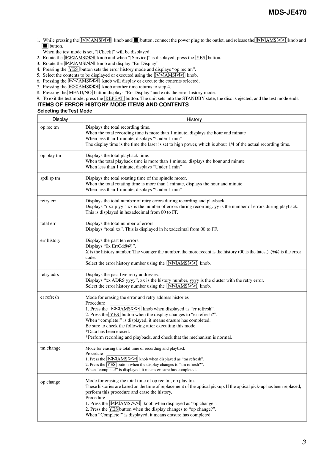 Sony MDS-S50 specifications Items of Error History Mode Items and Contents 