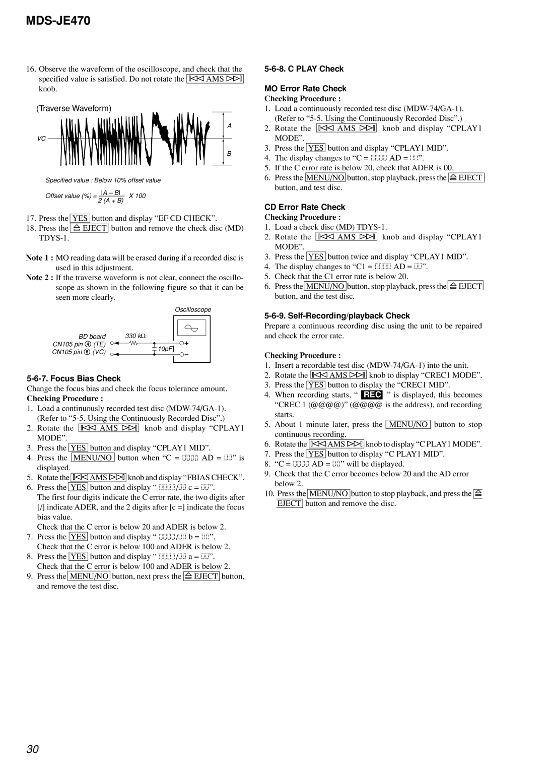 Sony MDS-S50 Focus Bias Check, Play Check MO Error Rate Check, CD Error Rate Check, Self-Recording/playback Check 