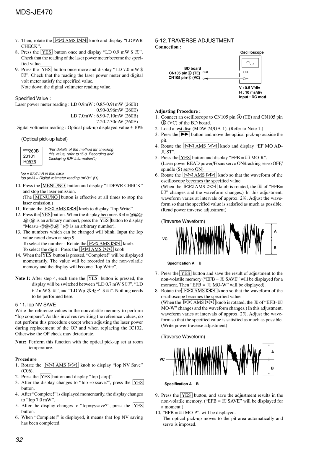 Sony MDS-S50 specifications Traverse Adjustment, Iop NV Save 